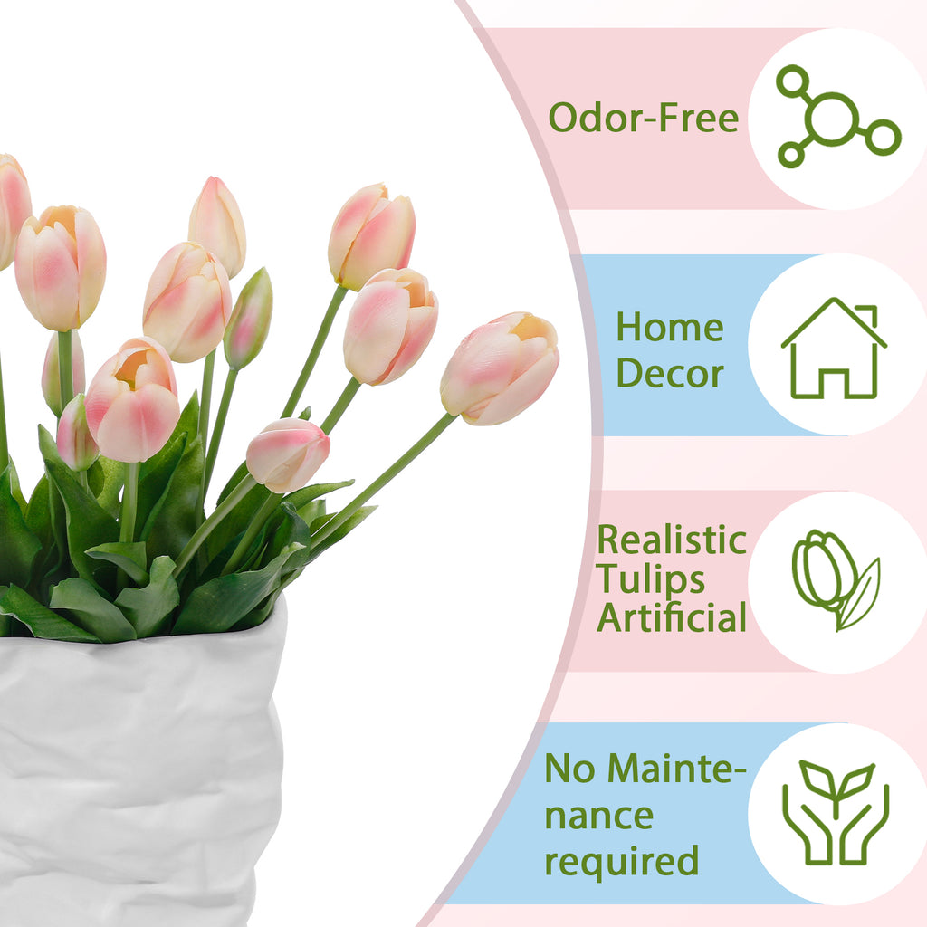 LINSIE Meat Pink Artificial Tulips Fake Flowers Premium Latex Lifelike TextureUV Resistant Waterproof Faux Tulip Bouquets with Snap-on Petals for Outdoor