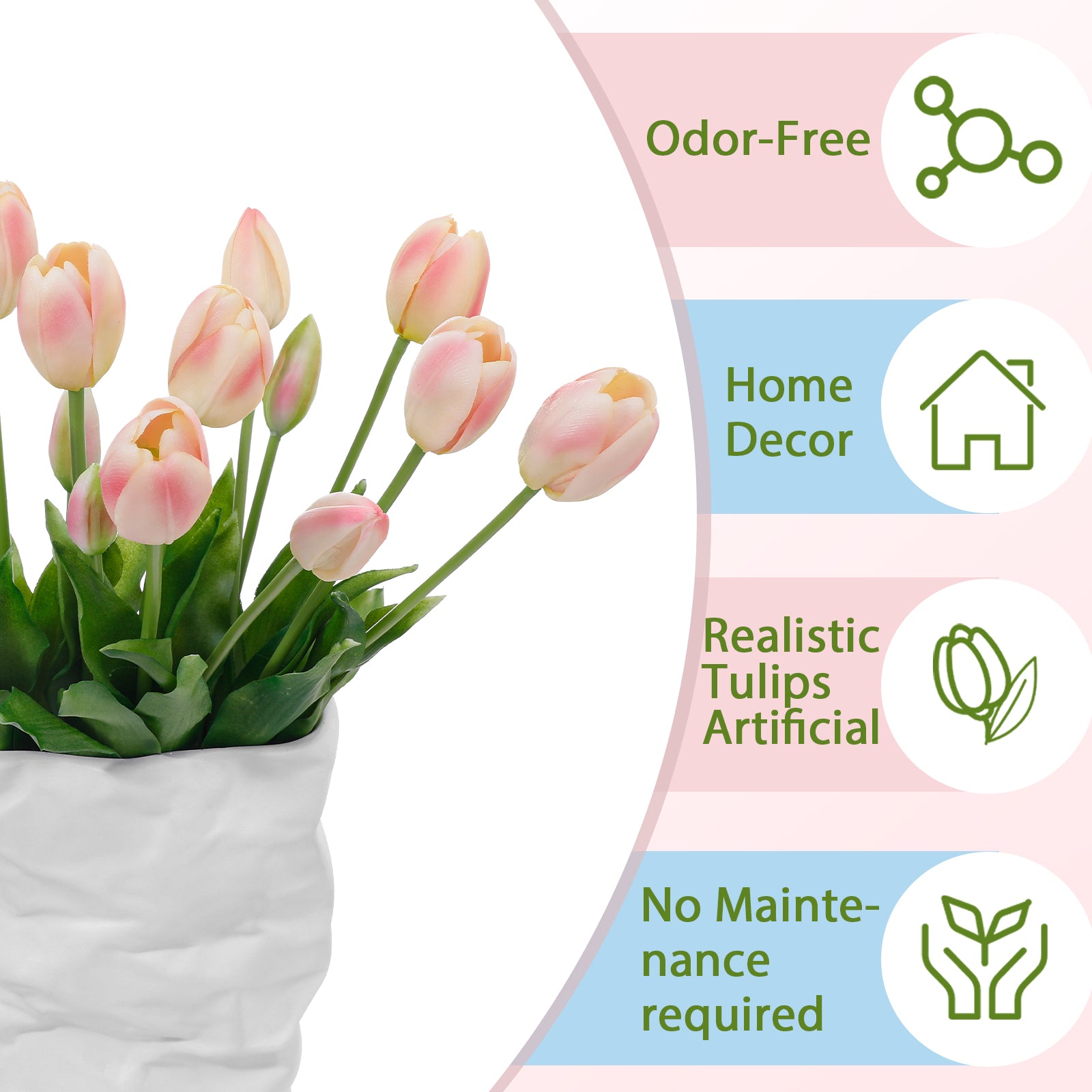 LINSIE Meat Pink Artificial Tulips Fake Flowers Premium Latex Lifelike TextureUV Resistant Waterproof Faux Tulip Bouquets with Snap-on Petals for Outdoor