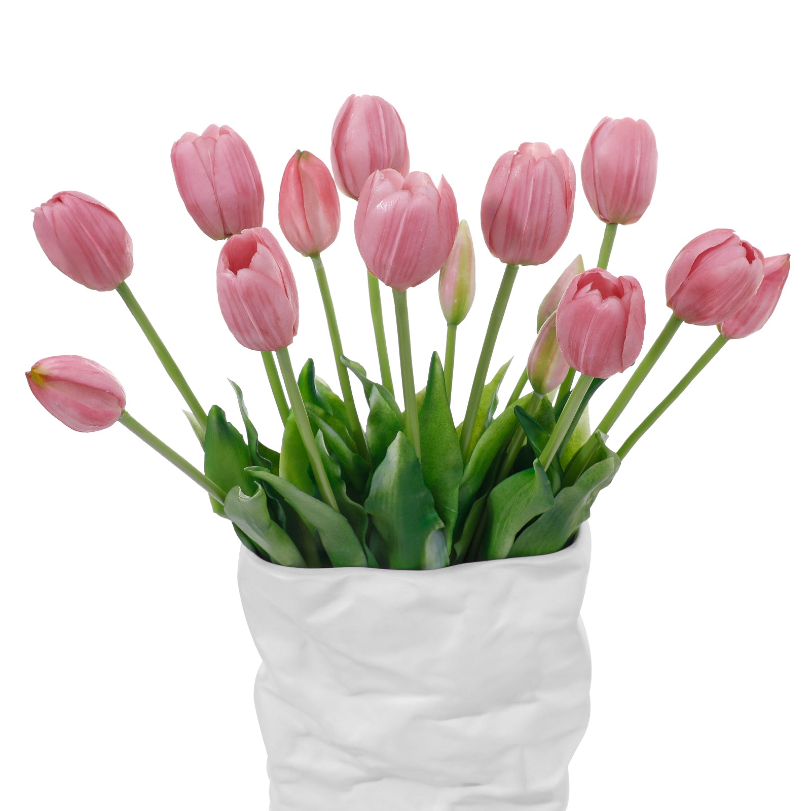 LINSIE Meat Pink Artificial Tulips Fake Flowers Premium Latex Lifelike TextureUV Resistant Waterproof Faux Tulip Bouquets with Snap-on Petals for Outdoor