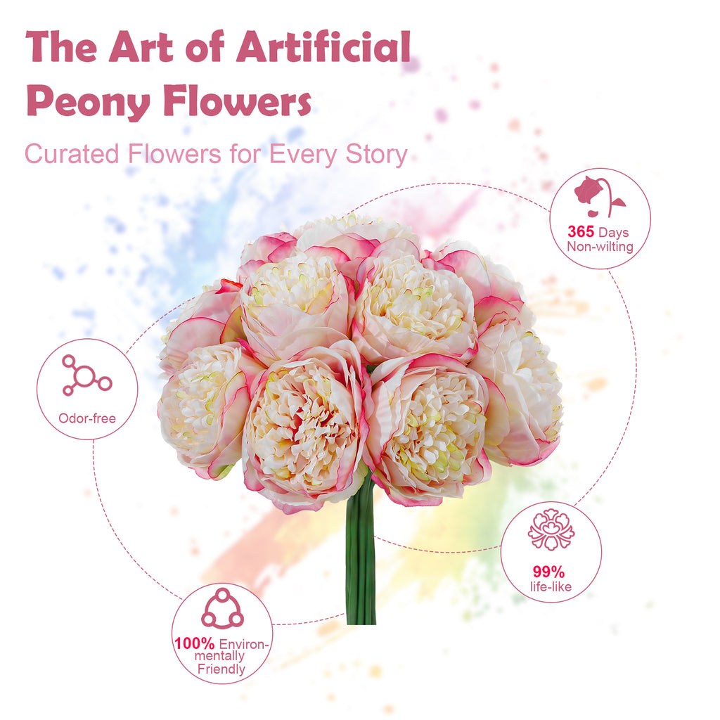 10PCS Realistic Silk Peonies Bouquet, Waterproof & UV Resistant Faux Peony Flowers, All-Weather Artificial Stems for Outdoor, Grave, Wedding Centerpiece & Home Decor
