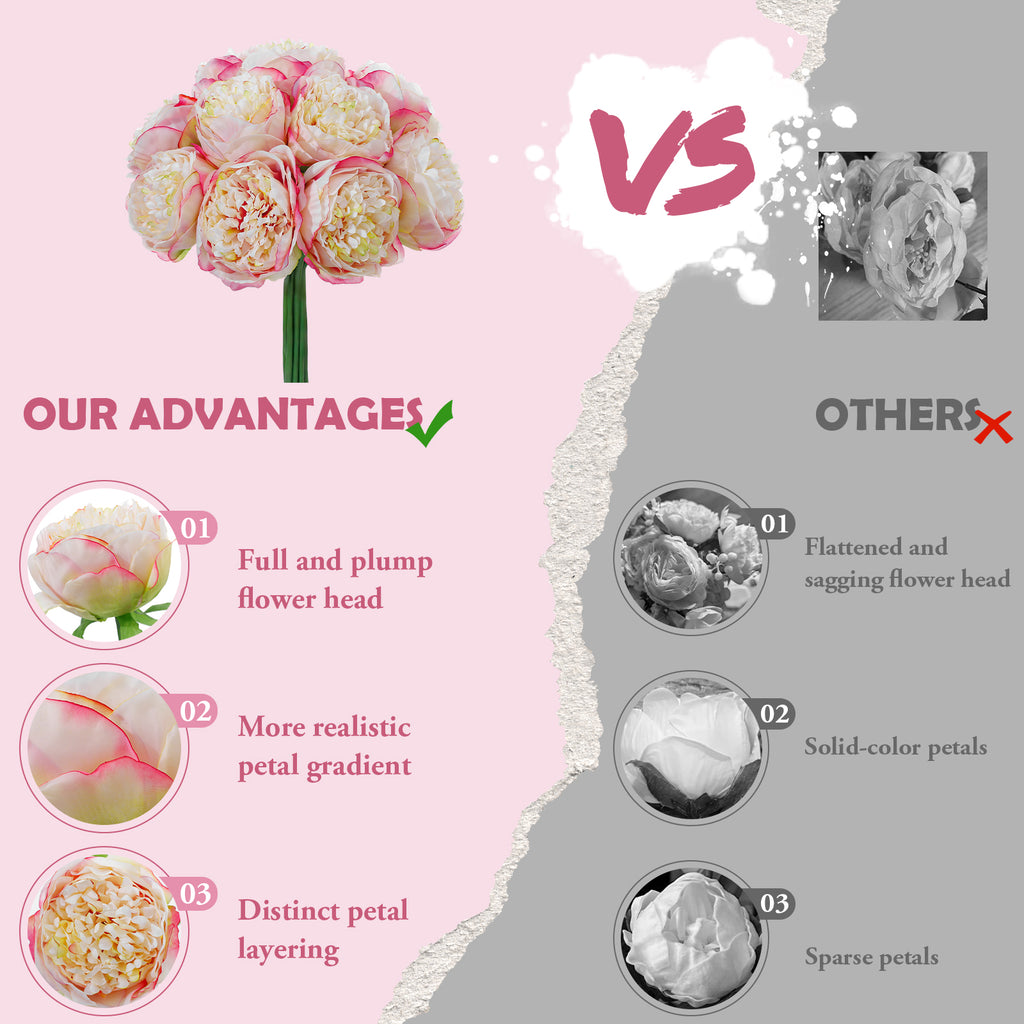 10PCS Realistic Silk Peonies Bouquet, Waterproof & UV Resistant Faux Peony Flowers, All-Weather Artificial Stems for Outdoor, Grave, Wedding Centerpiece & Home Decor