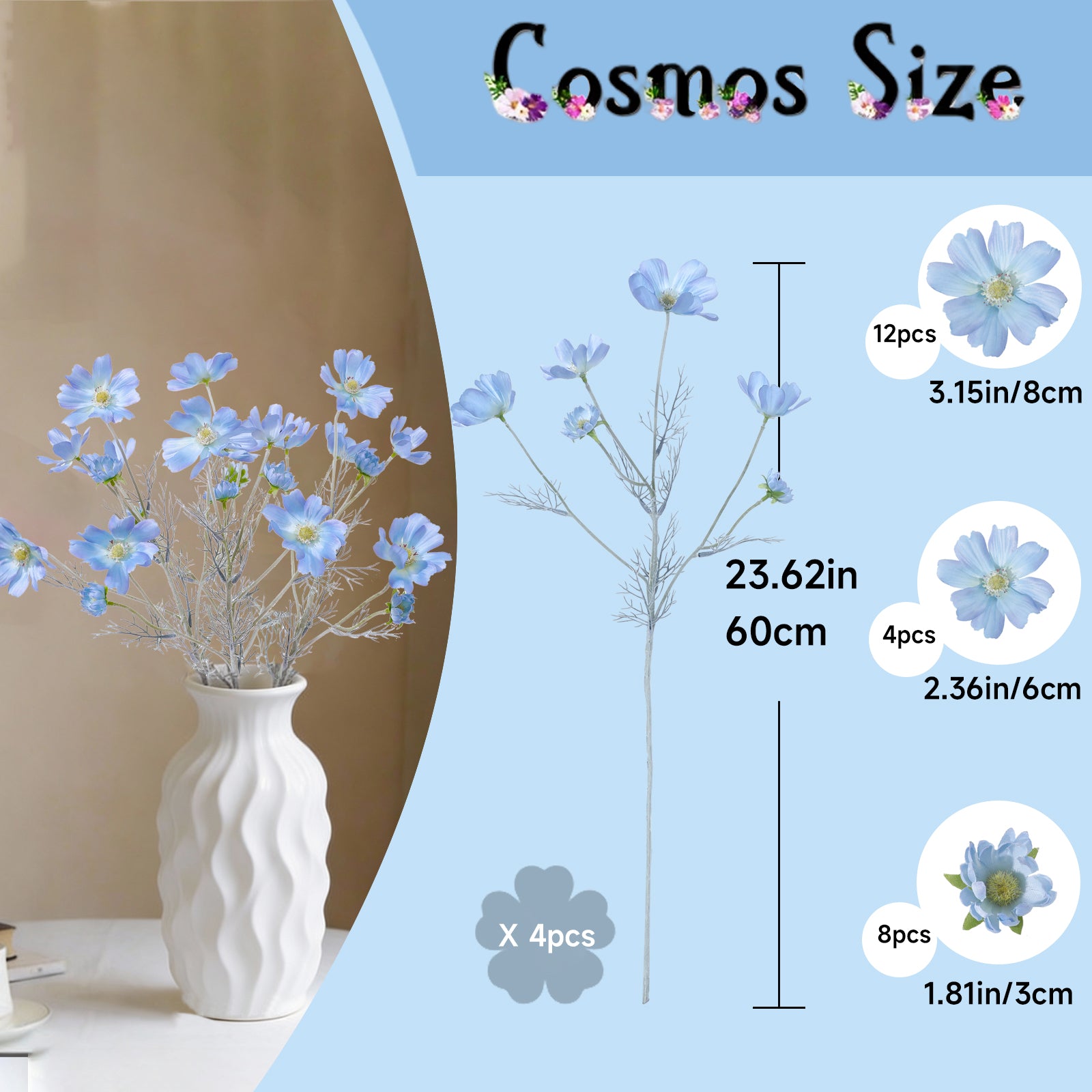 4 Pcs 24" Tall Artificial Cosmos Flowers for Vases, Fake Silk Daisy Floral Branches with Realistic Flocked Bendable Stems, Multi-Headed Faux Blooms for Table, Home Decor, Wedding