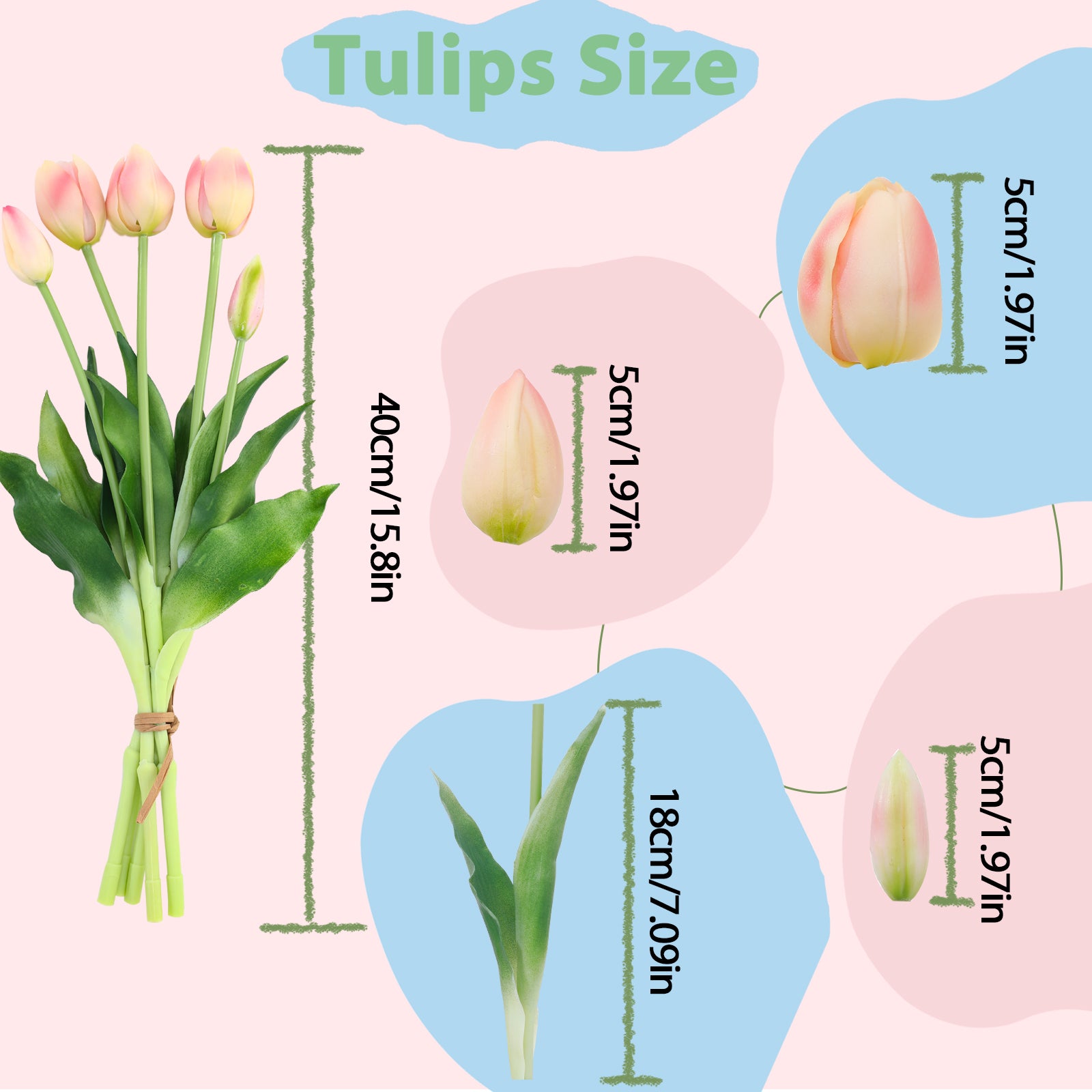 LINSIE Meat Pink Artificial Tulips Fake Flowers Premium Latex Lifelike TextureUV Resistant Waterproof Faux Tulip Bouquets with Snap-on Petals for Outdoor