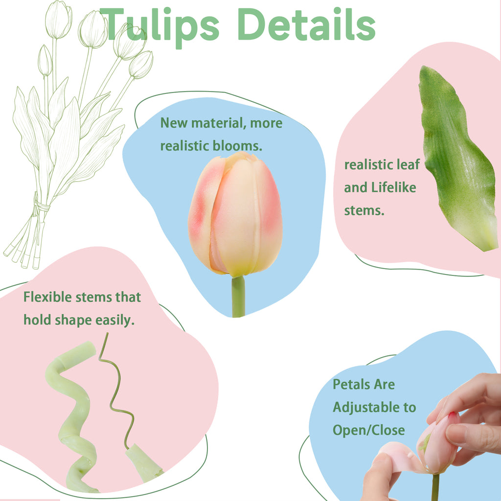 LINSIE Meat Pink Artificial Tulips Fake Flowers Premium Latex Lifelike TextureUV Resistant Waterproof Faux Tulip Bouquets with Snap-on Petals for Outdoor