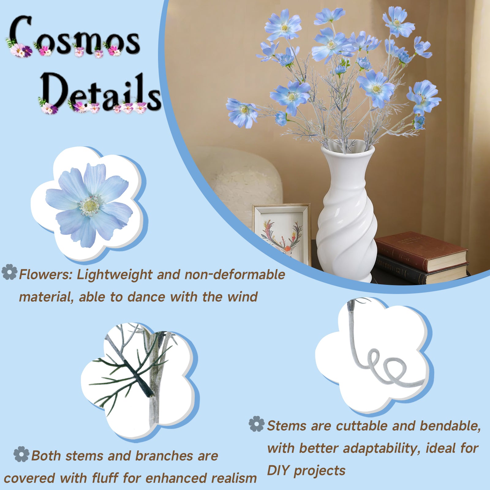 4 Pcs 24" Tall Artificial Cosmos Flowers for Vases, Fake Silk Daisy Floral Branches with Realistic Flocked Bendable Stems, Multi-Headed Faux Blooms for Table, Home Decor, Wedding