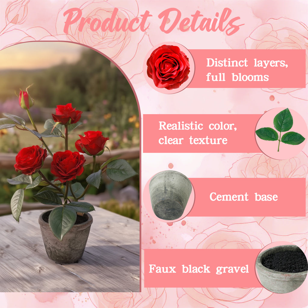 Rose in Pot Decor Potted Artificial Flowers Mini Plants Faux Flowers Indoor Small Decor Fake Roses for Home, Bathroom, Kitchen, Offices, Wedding Party Centerpieces