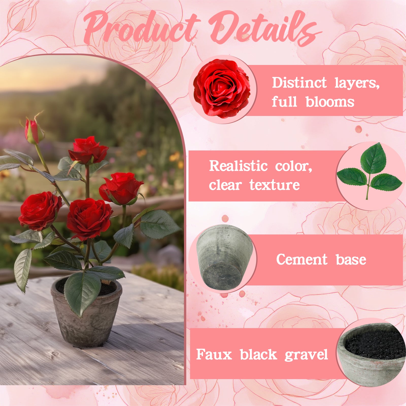 Rose in Pot Decor Potted Artificial Flowers Mini Plants Faux Flowers Indoor Small Decor Fake Roses for Home, Bathroom, Kitchen, Offices, Wedding Party Centerpieces