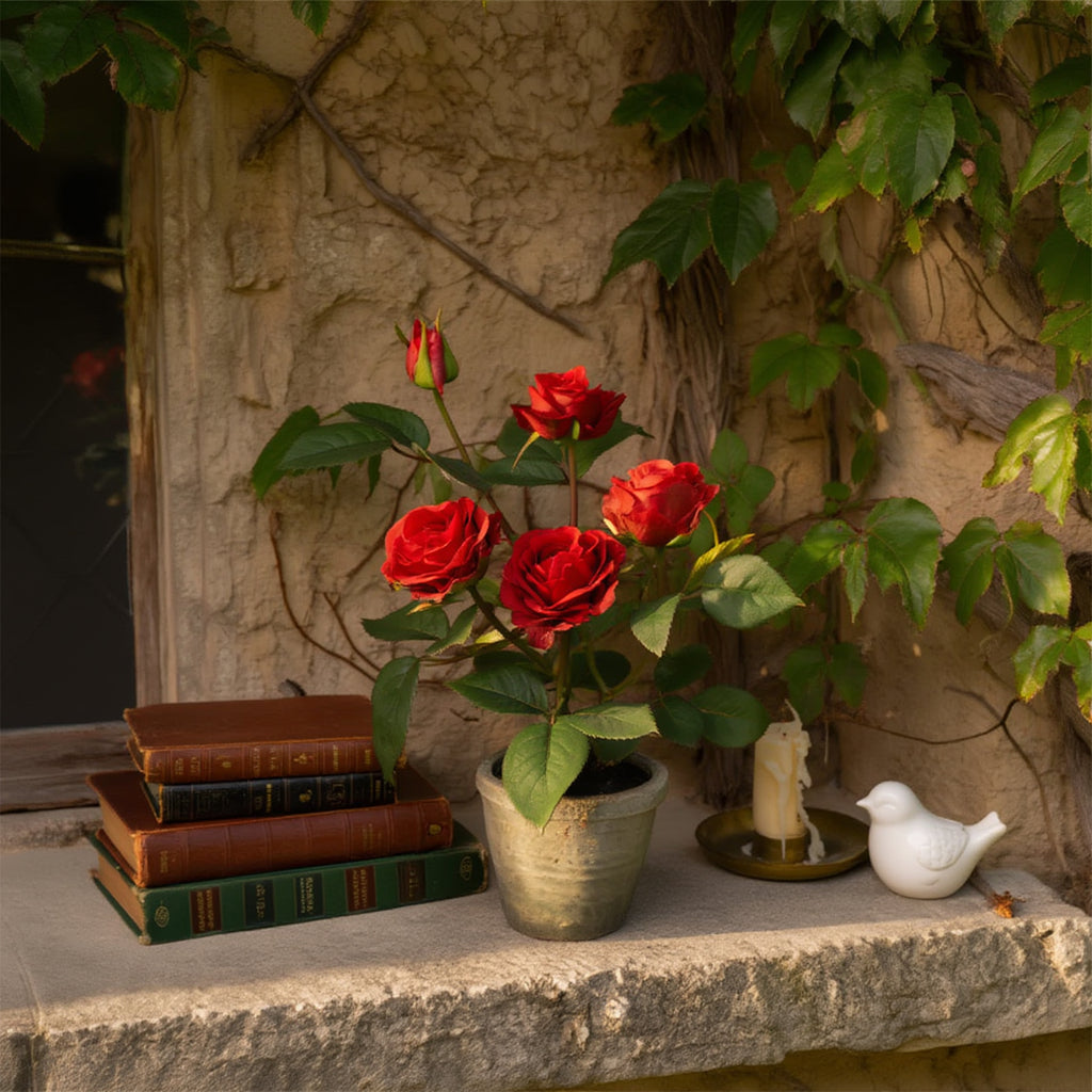 Rose in Pot Decor Potted Artificial Flowers Mini Plants Faux Flowers Indoor Small Decor Fake Roses for Home, Bathroom, Kitchen, Offices, Wedding Party Centerpieces