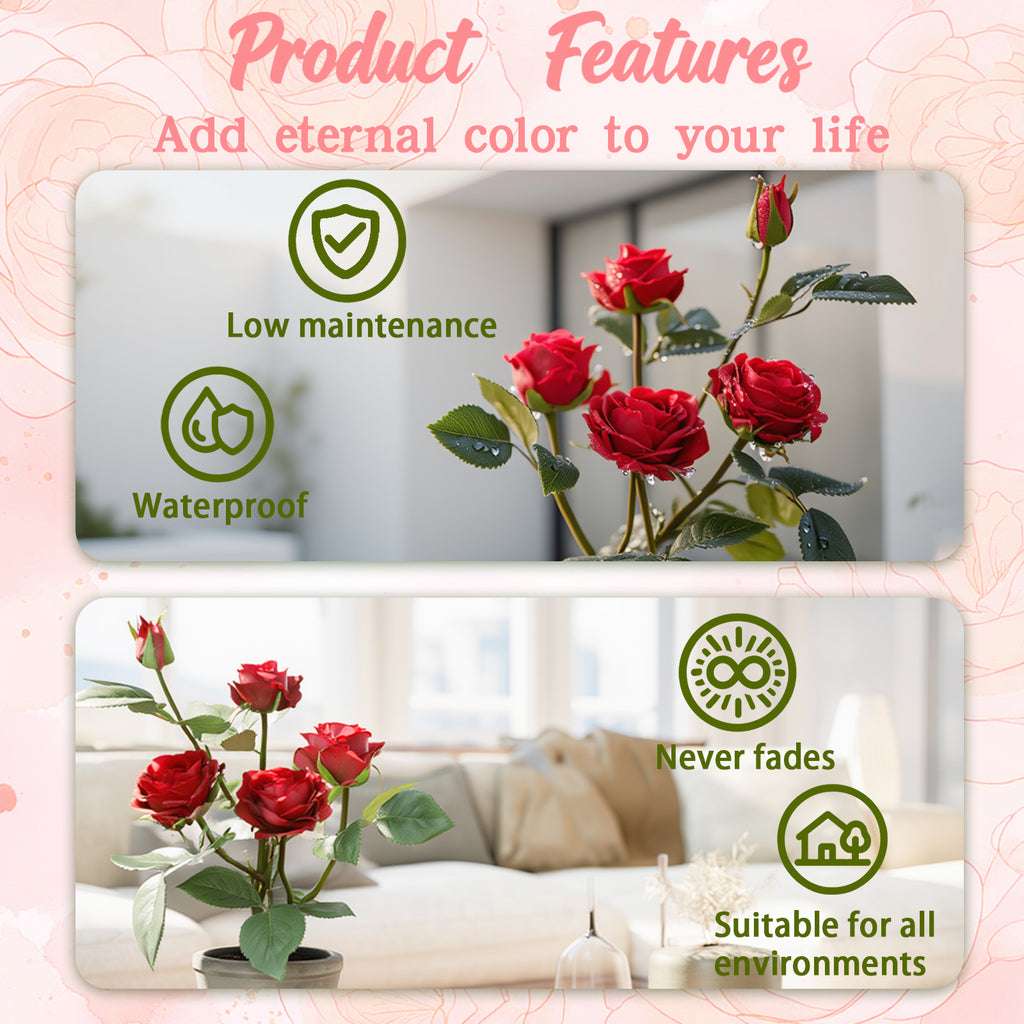 Rose in Pot Decor Potted Artificial Flowers Mini Plants Faux Flowers Indoor Small Decor Fake Roses for Home, Bathroom, Kitchen, Offices, Wedding Party Centerpieces