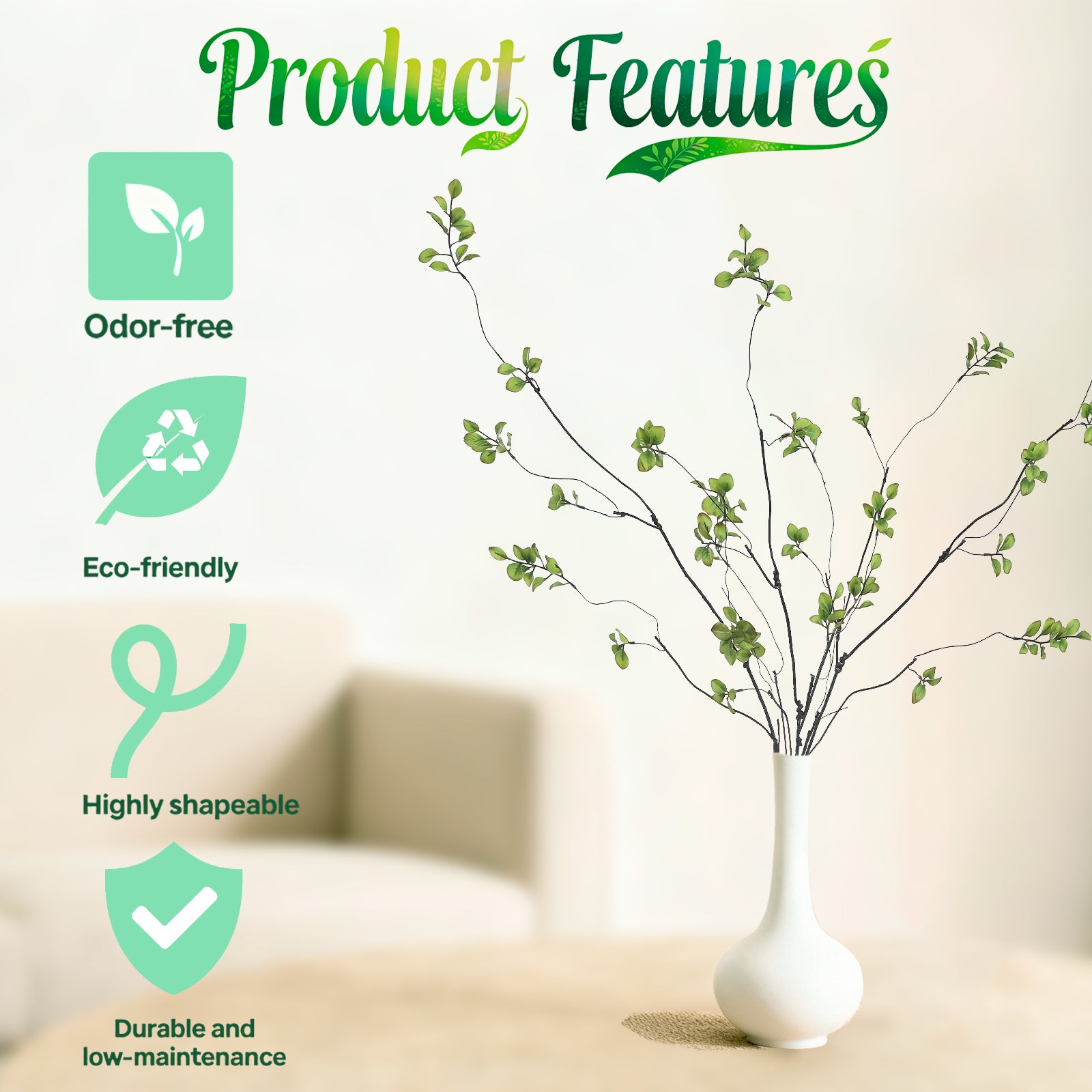 4 Pcs 38.5" Tall Artificial Branches with Leaves, Realistic Faux Ficus Greenery Stems, Bendable Fake Plant Twigs for Tall Floor Vases, Home Centerpiece, Office & Spring Decor