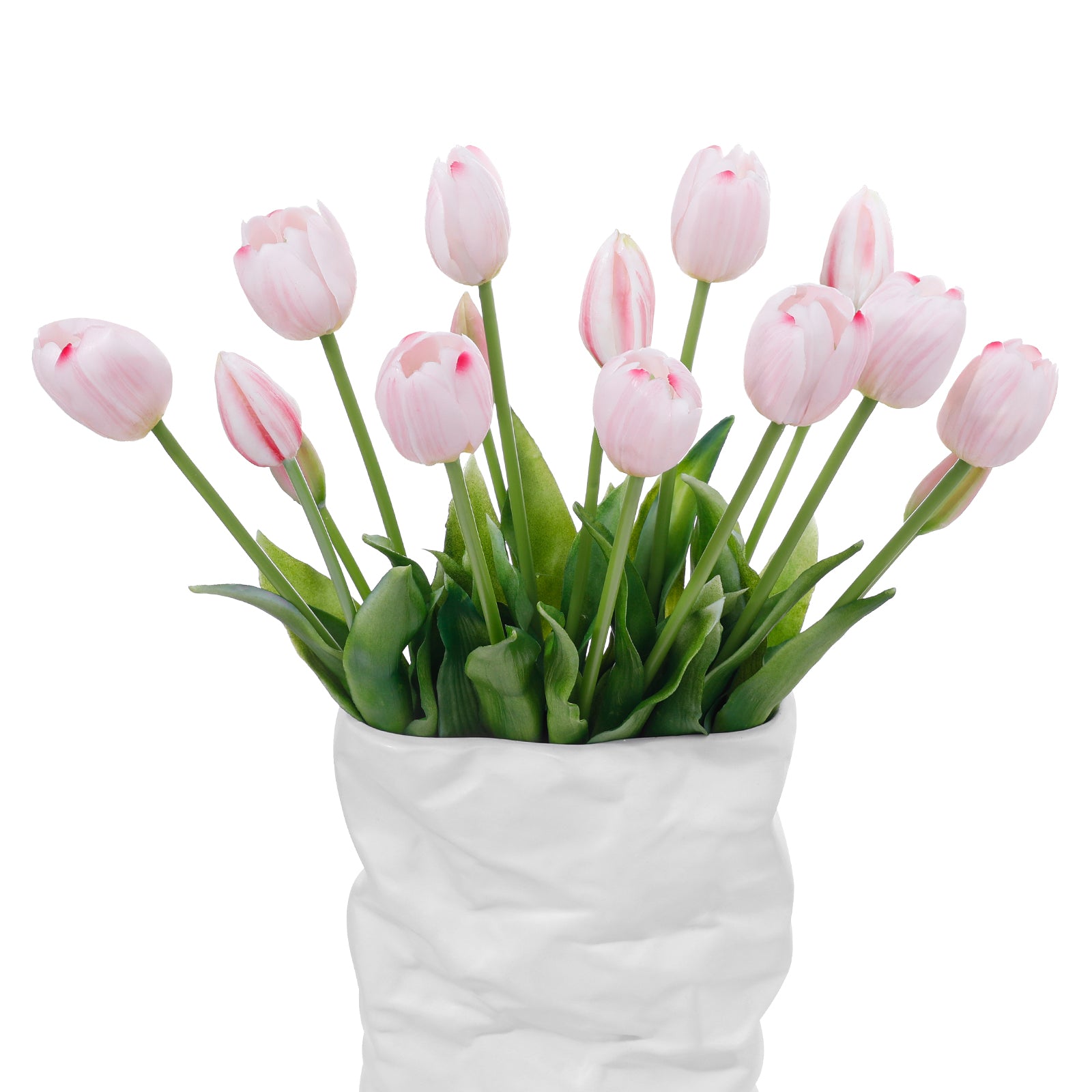 LINSIE Meat Pink Artificial Tulips Fake Flowers Premium Latex Lifelike TextureUV Resistant Waterproof Faux Tulip Bouquets with Snap-on Petals for Outdoor