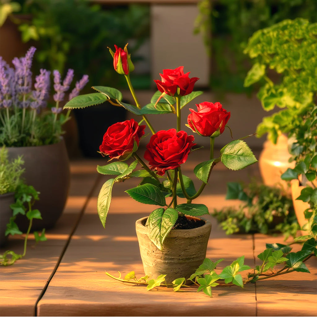 Rose in Pot Decor Potted Artificial Flowers Mini Plants Faux Flowers Indoor Small Decor Fake Roses for Home, Bathroom, Kitchen, Offices, Wedding Party Centerpieces