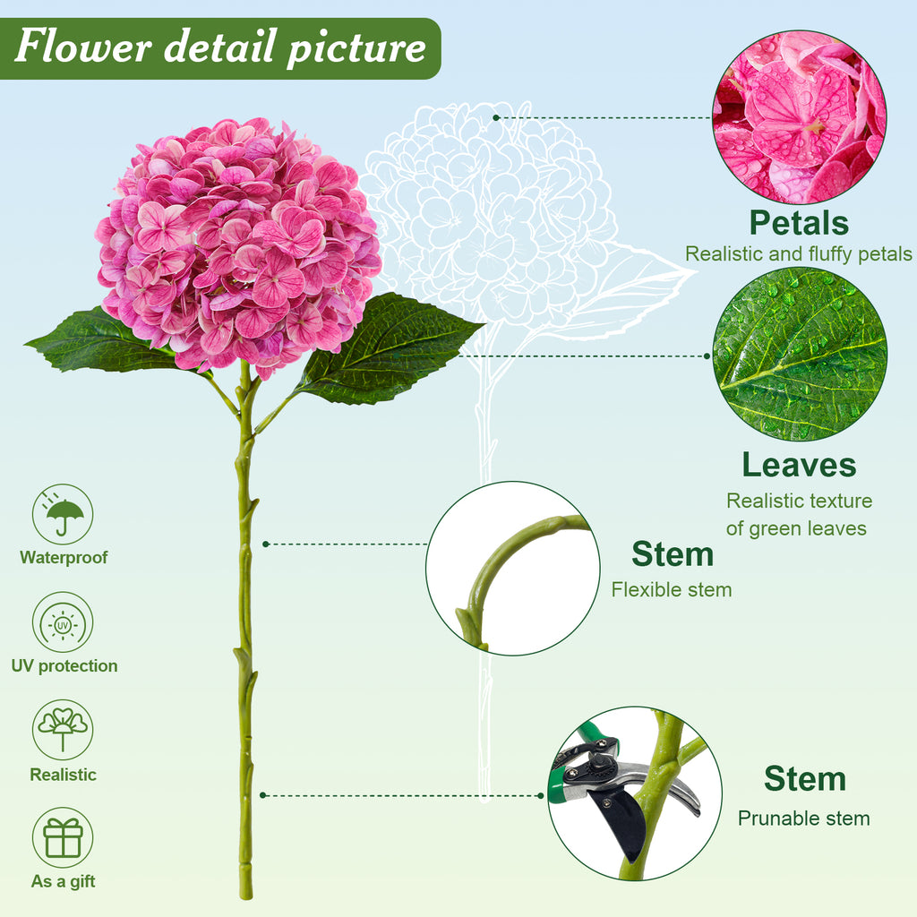 4 Pcs Artificial Hydrangea Silk Flowers with Stems, 19.7" Pink Faux Hydrangeas Bouquet, 240 Petals, UV Resistant & Waterproof Fake Flower for Outdoor Wedding Home Decor
