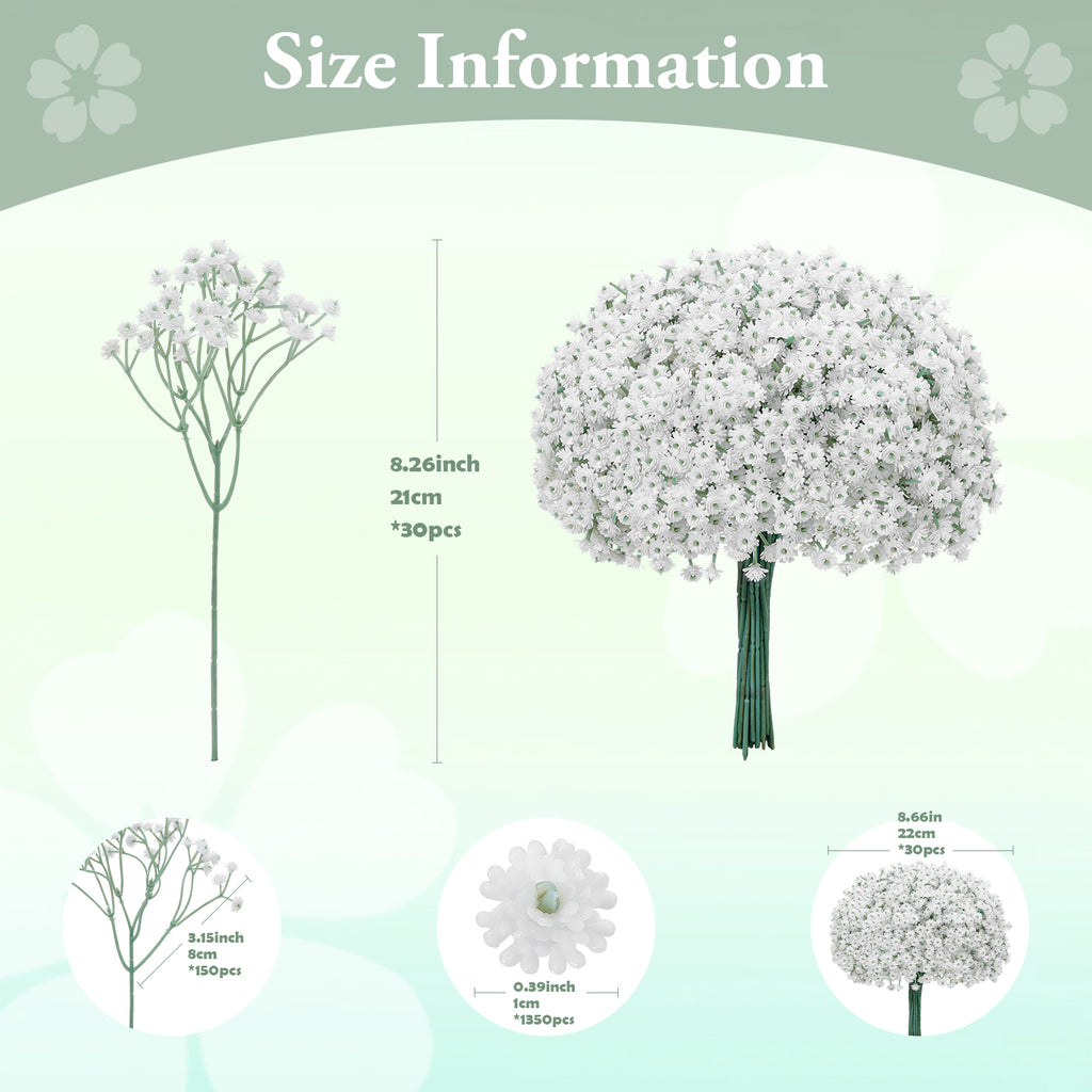 LINSIE 30 Pcs White Artificial Baby's Breath Flowers, Lifelike Rubber Fake Gypsophila Bouquets, 8.26" Short Stems with 1350 Blooms for Wedding Centerpieces, DIY Floral Arrangements & Home Decor