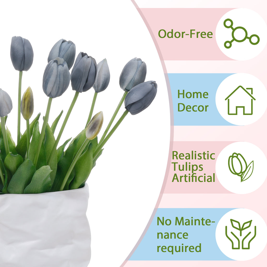 LINSIE Fall Blue Artificial Tulips Fake Flowers Premium Latex Lifelike TextureUV Resistant Waterproof Faux Tulip Bouquets with Snap-on Petals for Outdoor