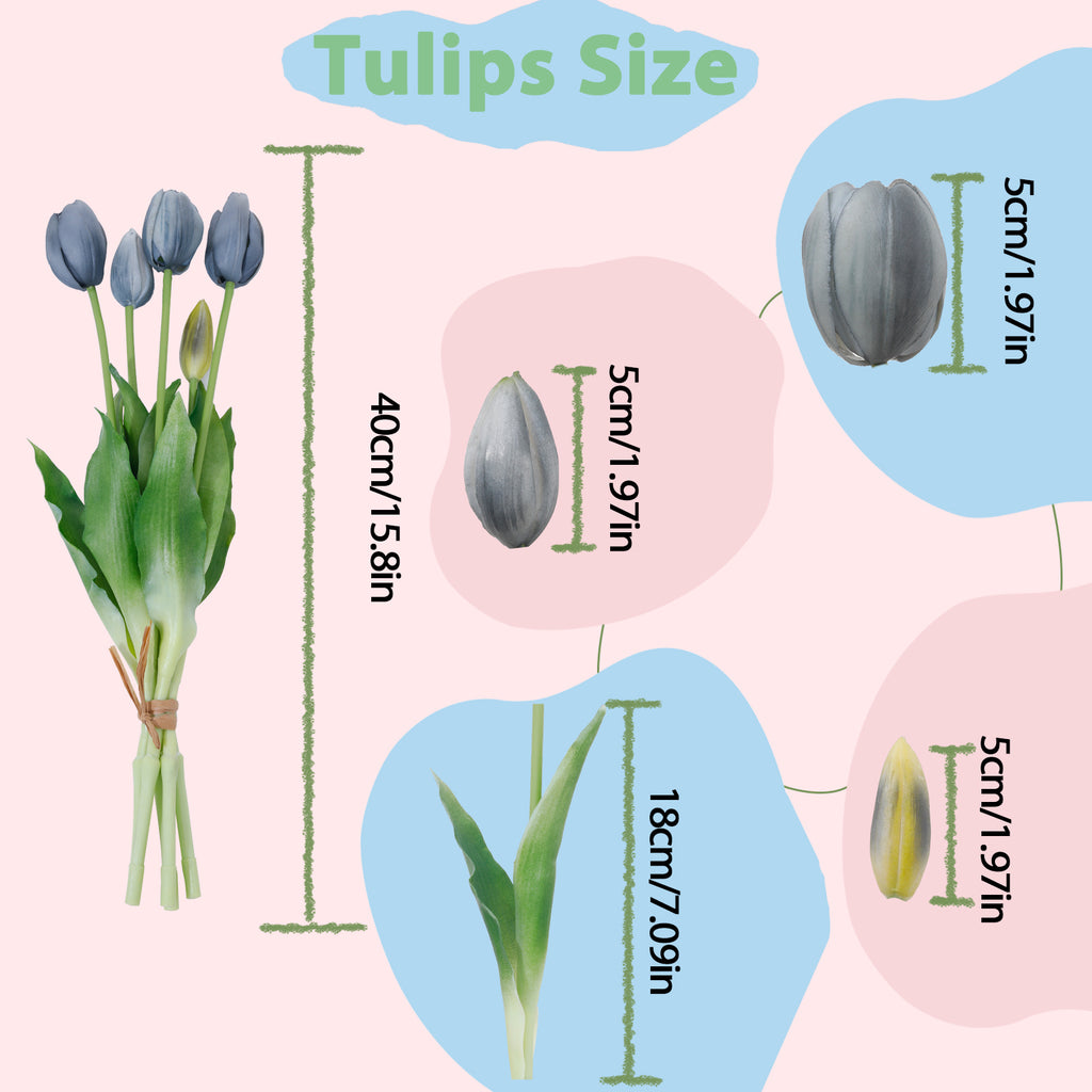 LINSIE Fall Blue Artificial Tulips Fake Flowers Premium Latex Lifelike TextureUV Resistant Waterproof Faux Tulip Bouquets with Snap-on Petals for Outdoor