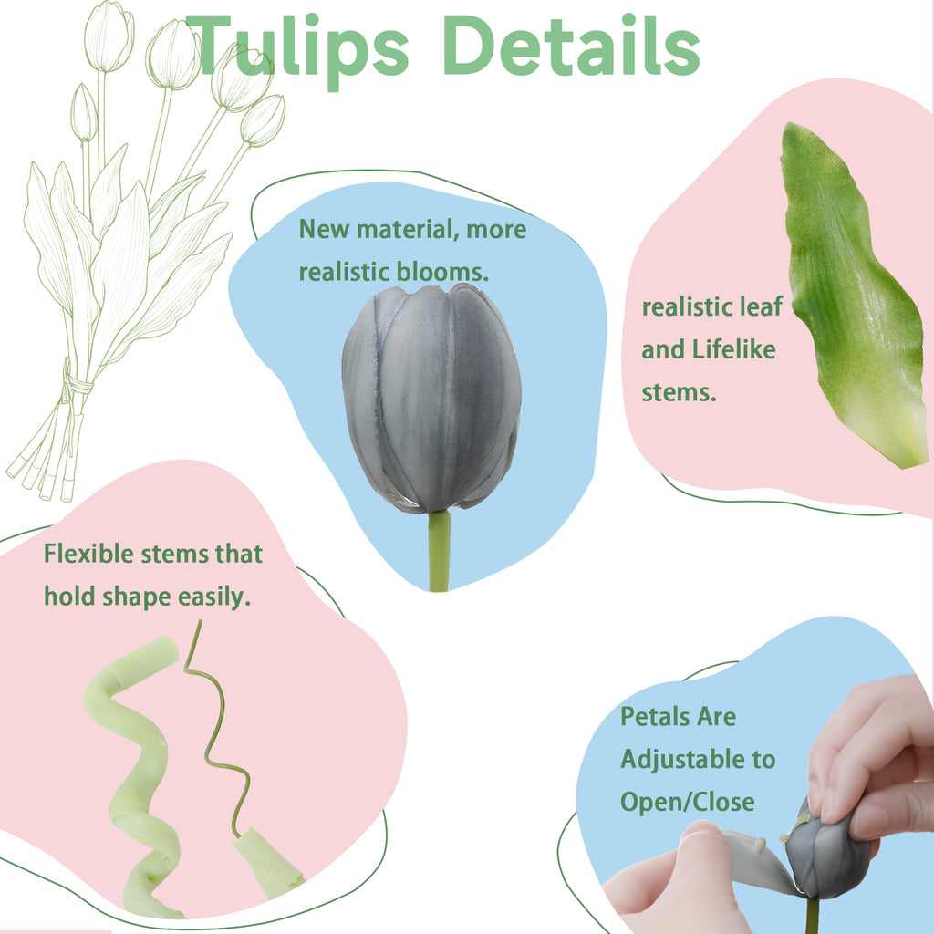 LINSIE Fall Blue Artificial Tulips Fake Flowers Premium Latex Lifelike TextureUV Resistant Waterproof Faux Tulip Bouquets with Snap-on Petals for Outdoor