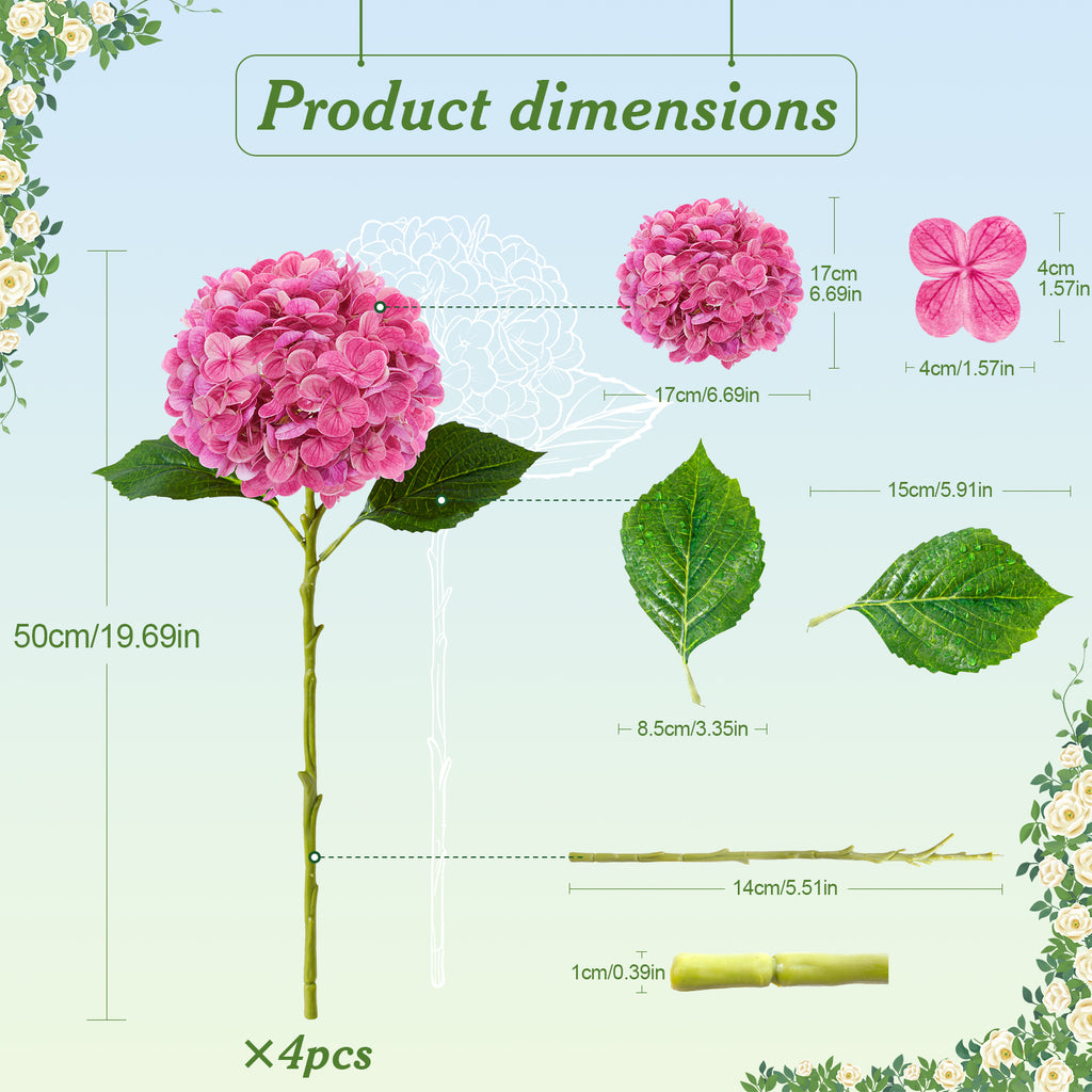 4 Pcs Artificial Hydrangea Silk Flowers with Stems, 19.7" Pink Faux Hydrangeas Bouquet, 240 Petals, UV Resistant & Waterproof Fake Flower for Outdoor Wedding Home Decor