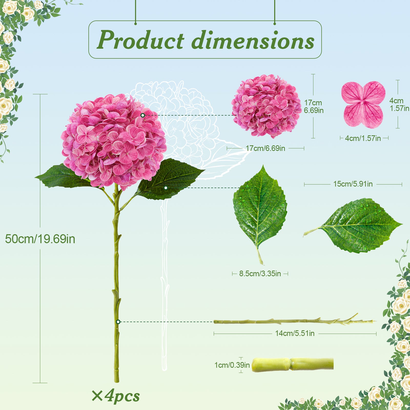 4 Pcs Artificial Hydrangea Silk Flowers with Stems, 19.7" Pink Faux Hydrangeas Bouquet, 240 Petals, UV Resistant & Waterproof Fake Flower for Outdoor Wedding Home Decor
