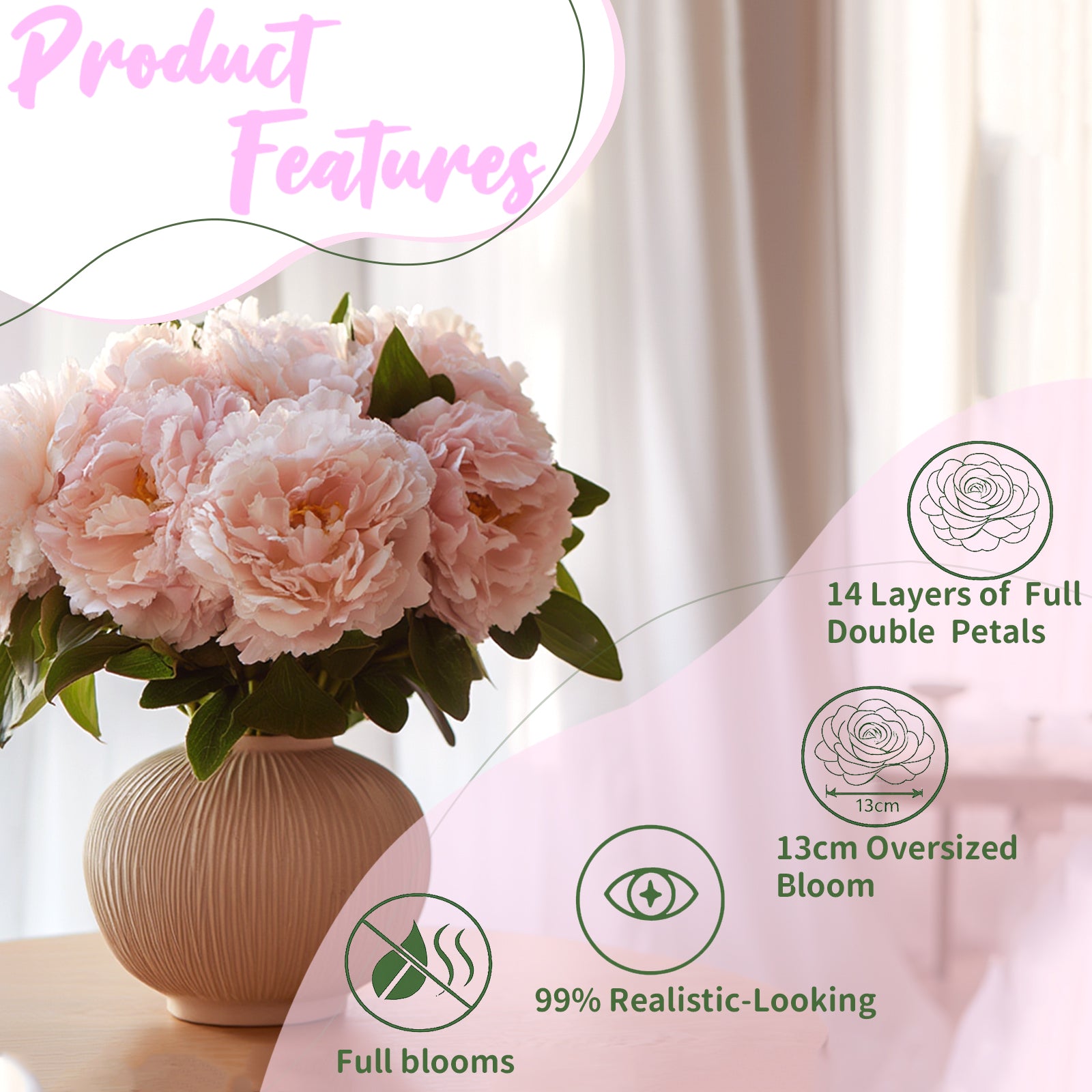 Premium Silk Artificial Peonies, 2 Bouquets (10 Large 5.12" Heads), 13.78" Tall Fake Floral Arrangements for Wedding Centerpieces, Home Decor & Indoor Vase Display
