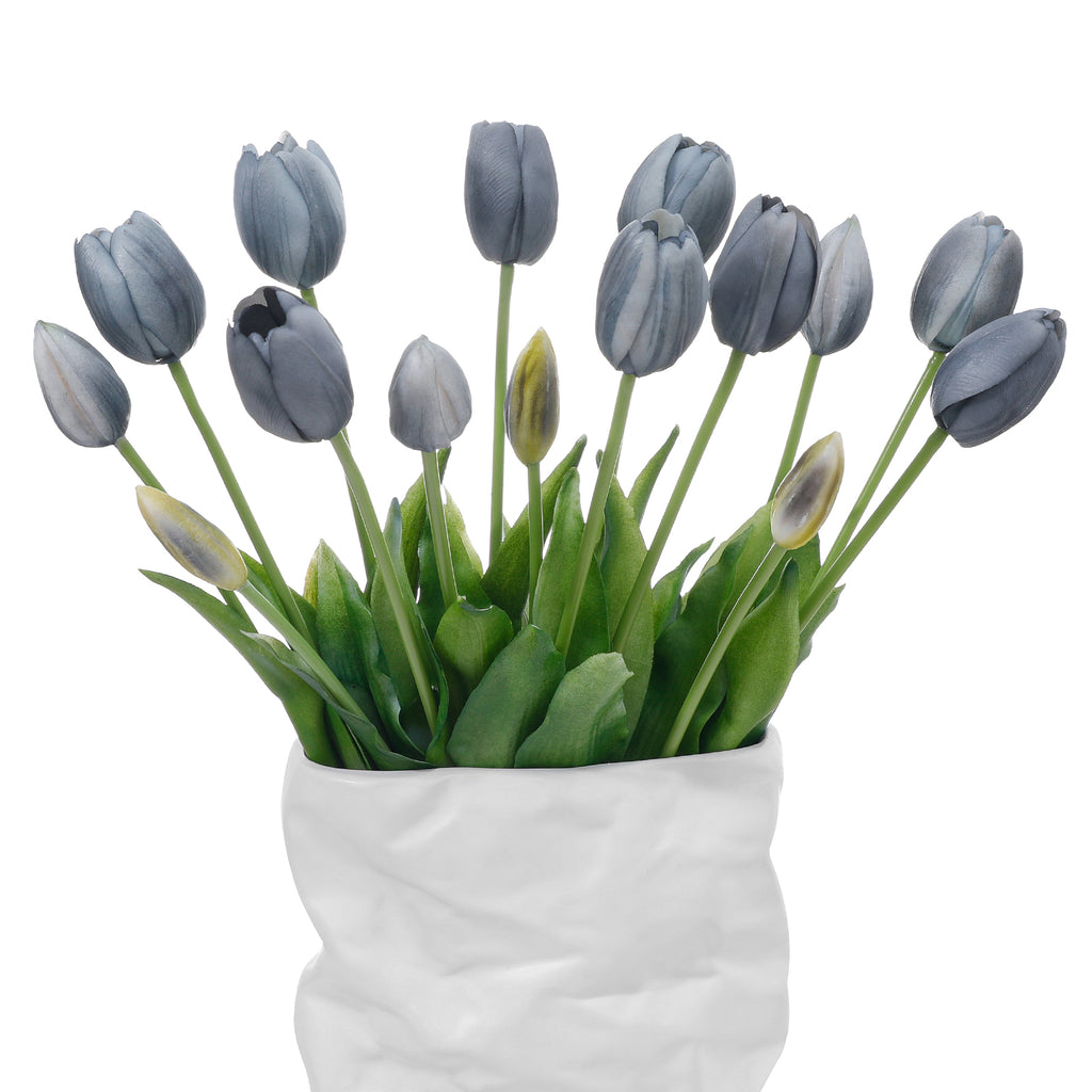 LINSIE Fall Blue Artificial Tulips Fake Flowers Premium Latex Lifelike TextureUV Resistant Waterproof Faux Tulip Bouquets with Snap-on Petals for Outdoor