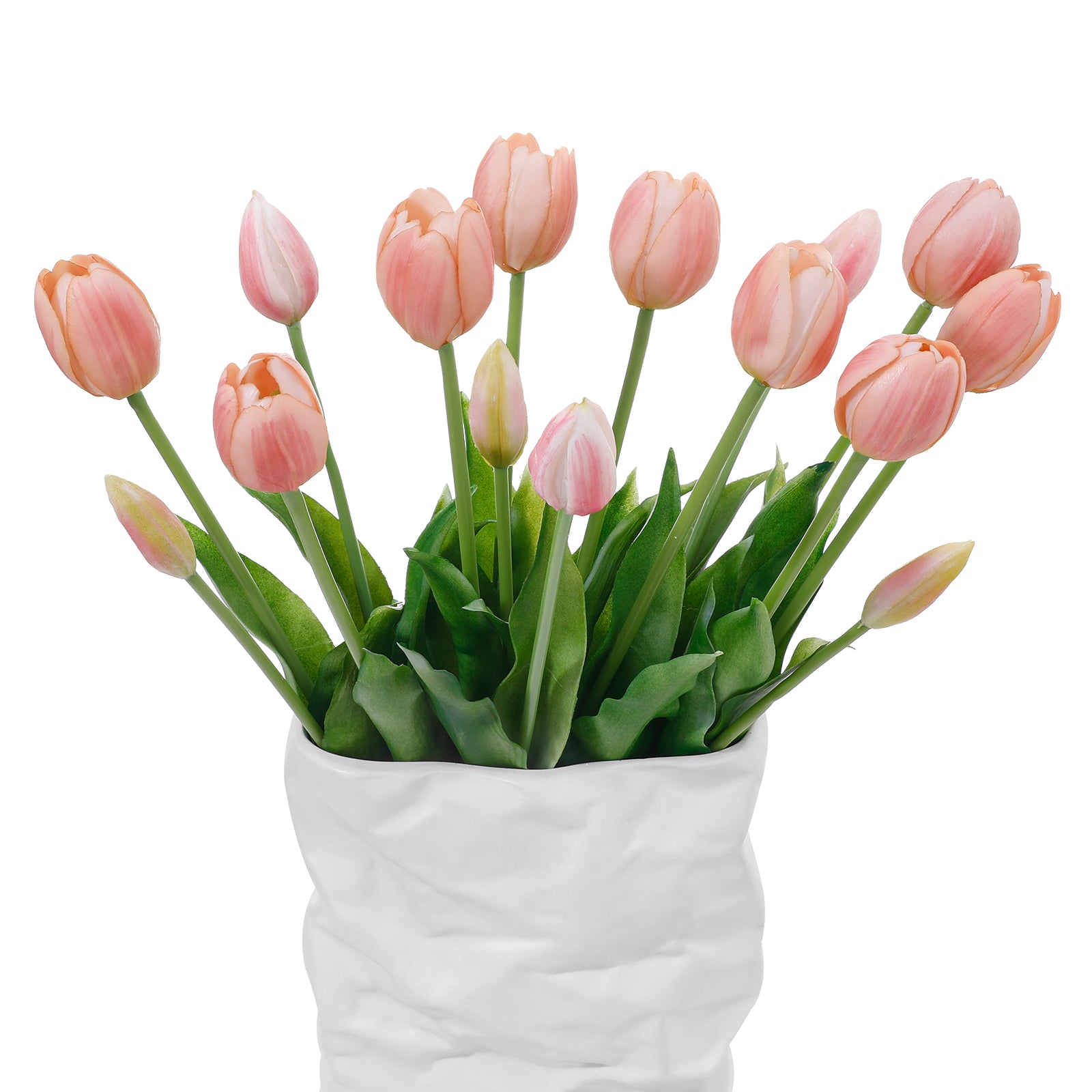 LINSIE Meat Pink Artificial Tulips Fake Flowers Premium Latex Lifelike TextureUV Resistant Waterproof Faux Tulip Bouquets with Snap-on Petals for Outdoor