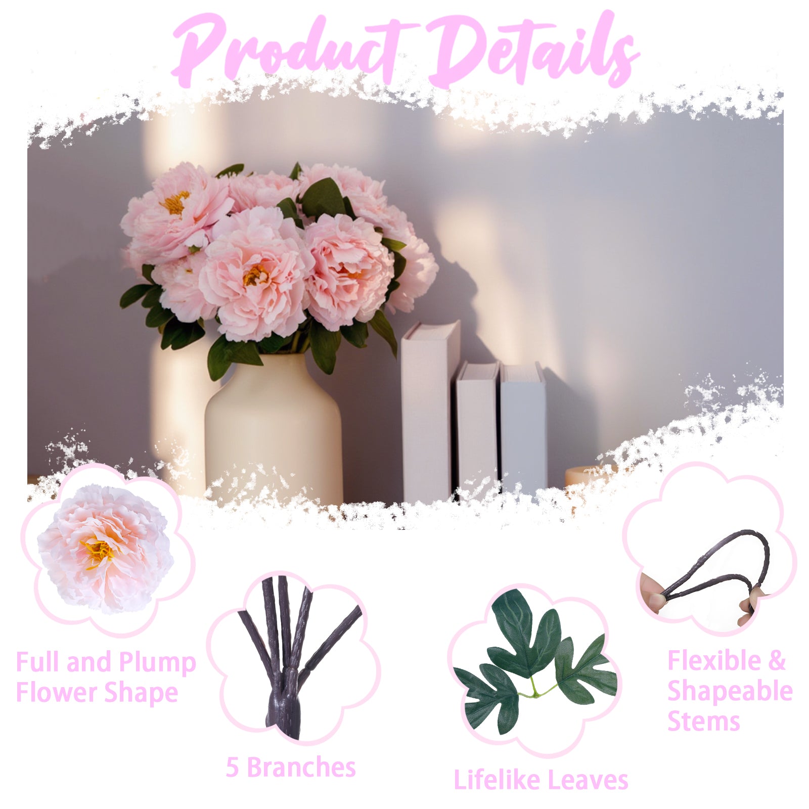 Premium Silk Artificial Peonies, 2 Bouquets (10 Large 5.12" Heads), 13.78" Tall Fake Floral Arrangements for Wedding Centerpieces, Home Decor & Indoor Vase Display
