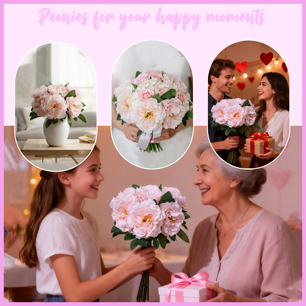Premium Silk Artificial Peonies, 2 Bouquets (10 Large 5.12" Heads), 13.78" Tall Fake Floral Arrangements for Wedding Centerpieces, Home Decor & Indoor Vase Display