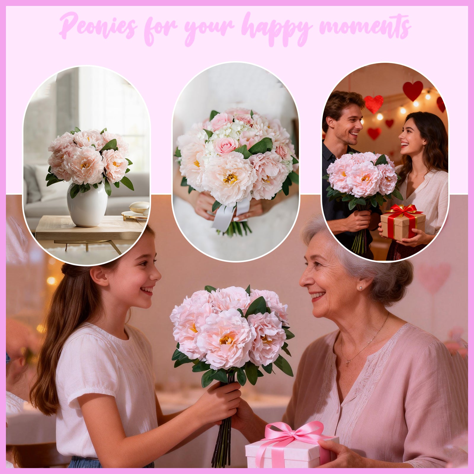 Premium Silk Artificial Peonies, 2 Bouquets (10 Large 5.12" Heads), 13.78" Tall Fake Floral Arrangements for Wedding Centerpieces, Home Decor & Indoor Vase Display