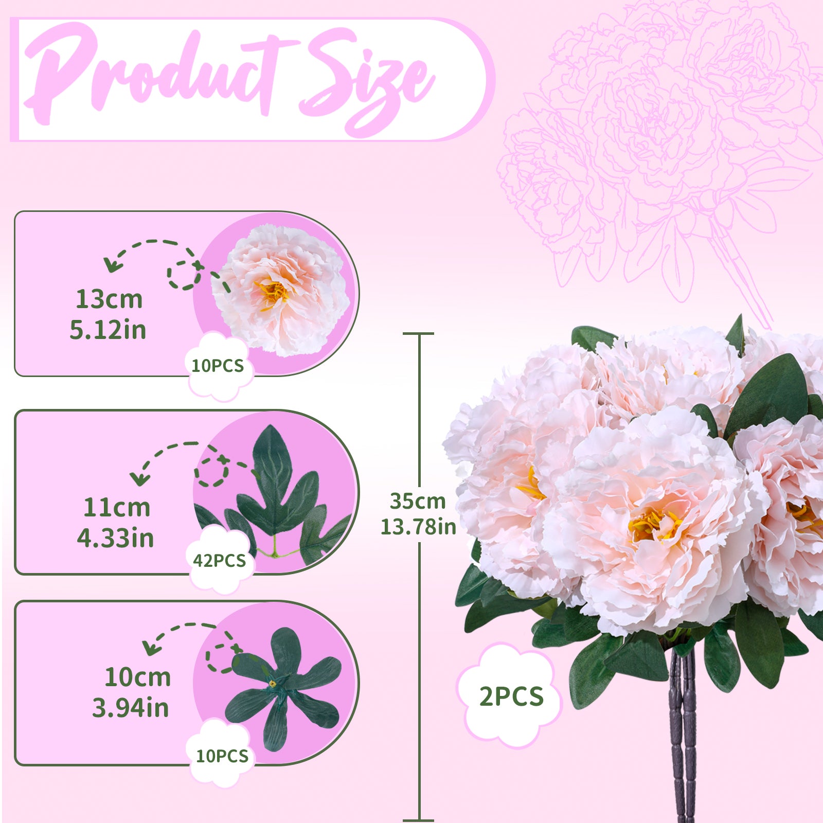 Premium Silk Artificial Peonies, 2 Bouquets (10 Large 5.12" Heads), 13.78" Tall Fake Floral Arrangements for Wedding Centerpieces, Home Decor & Indoor Vase Display
