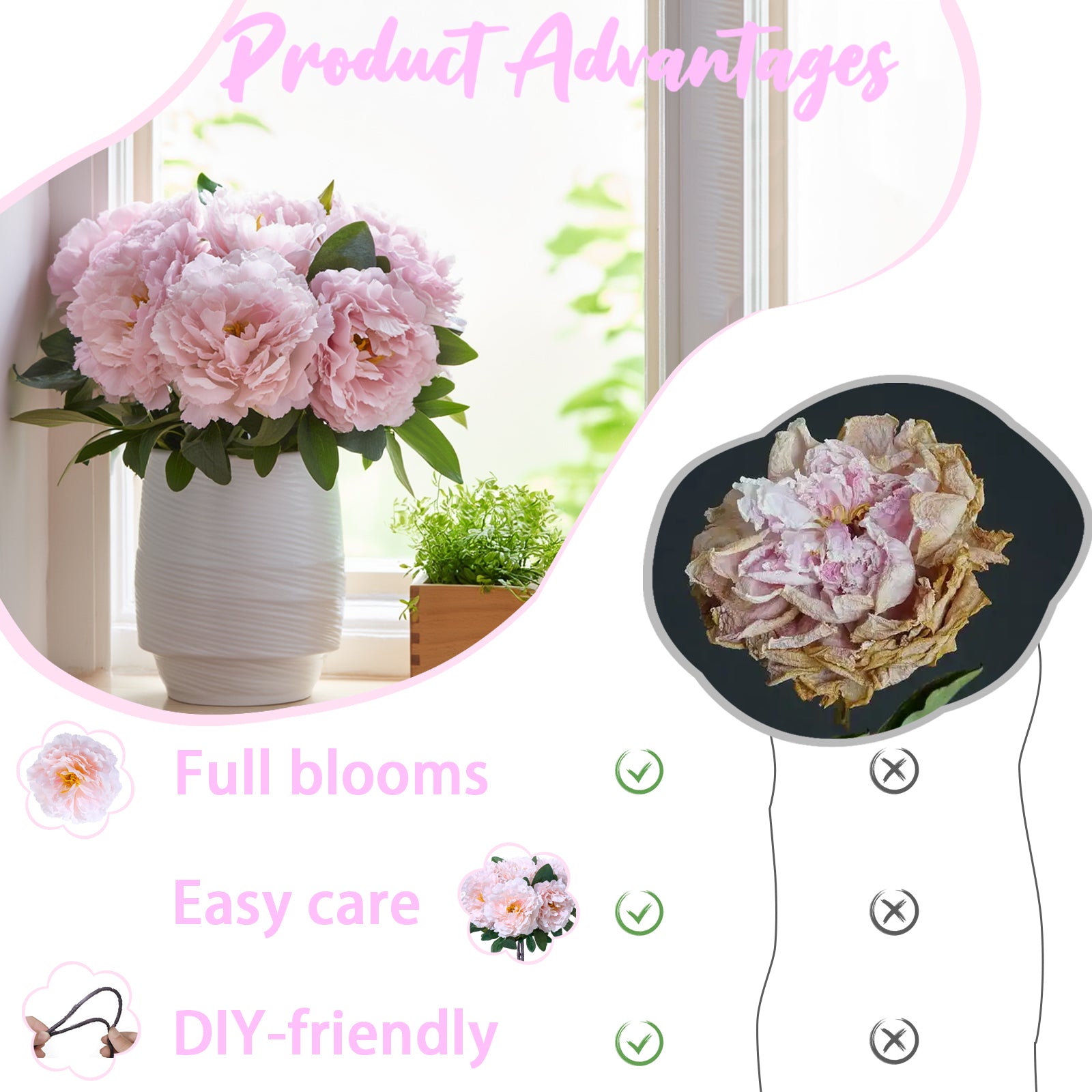 Premium Silk Artificial Peonies, 2 Bouquets (10 Large 5.12" Heads), 13.78" Tall Fake Floral Arrangements for Wedding Centerpieces, Home Decor & Indoor Vase Display